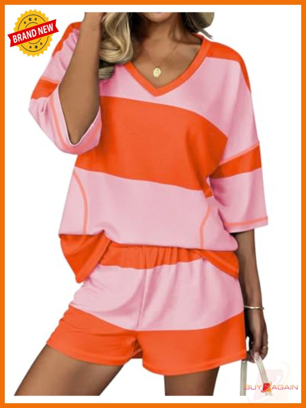 Women's 2-Piece Lounge Short Set V-Neck Striped Matching Outfit